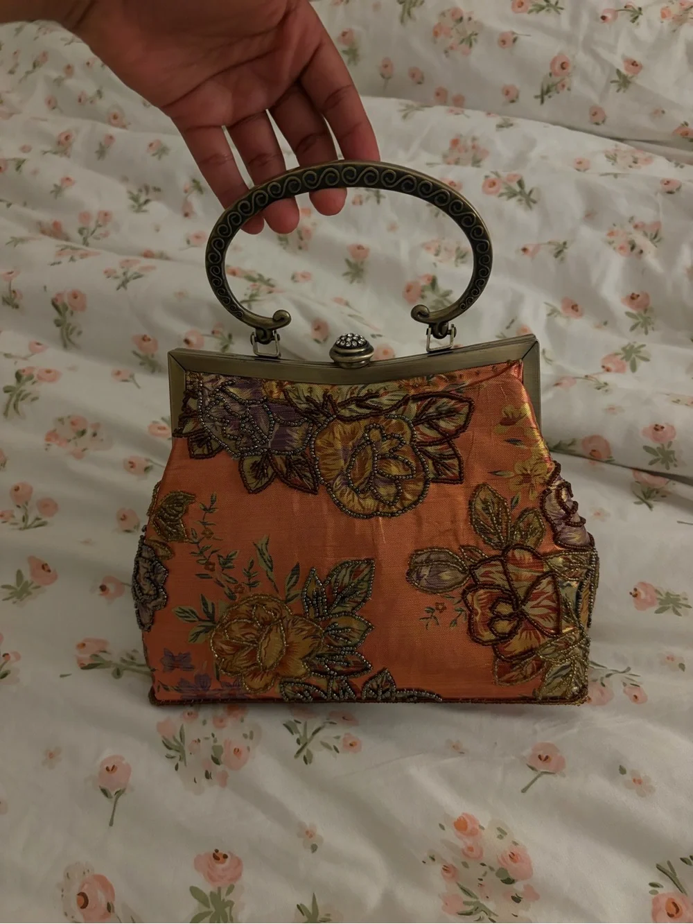 Embroidered Orange Floral Clutch with Ornate Metal Handle